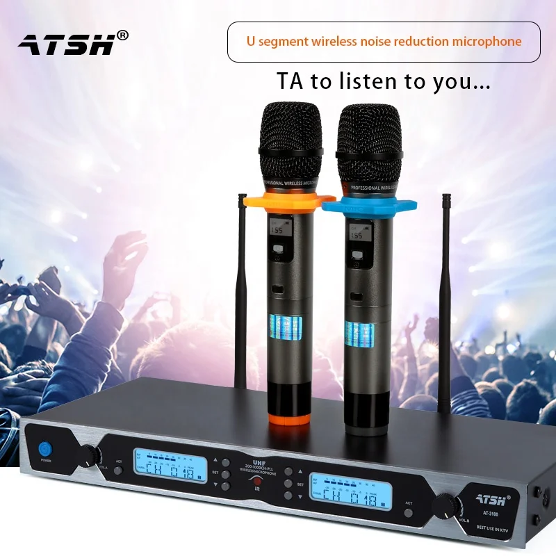 저렴한 ATSH-AT-3100 무선 마이크 시스템, 100 미터 선택 가능한 주파수 채널 전문 다이나믹 무선 마이크