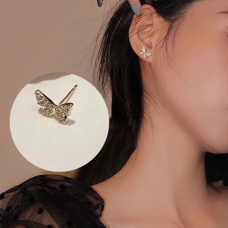 

Korean Asymmetrical Rhinestone Butterfly Drop Earrings For Women Girls Trendy Fashion Pearl Chain Earrings Jewelry Gifts