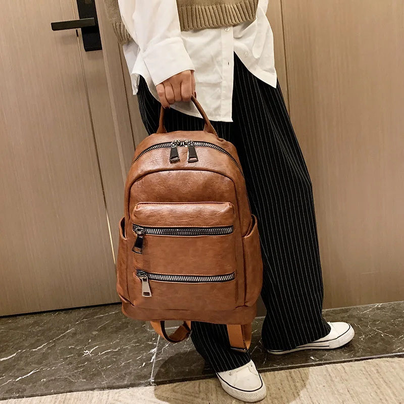 Double Zipper Pu Leather Women Backpack Multifunction Travel Rucksack Female Anti-theft Shoulder Bag Mochila Gris Mujer | Багаж и сумки