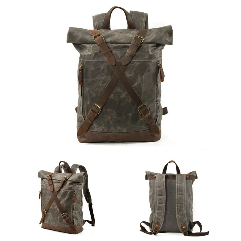 

LKEEP New Luxury Vintage Canvas Backpacks for Men Oil Wax Canvas Leather Travel Backpack Large Waterproof Daypacks Retro Bagpack