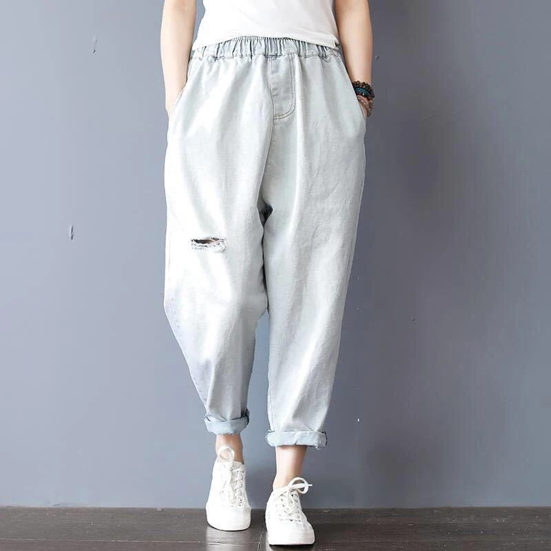 

New Arrival Summer Women Elastic Waist Loose Cotton Denim Harem Pants All-matched Casual vintage Ripped Jeans Plus Size S815