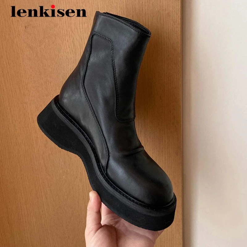 

Lenkisen Новое поступление короткие ботинки на танкетке из натуральной кожи на высоком каблуке с круглым носком на молнии для молодых девушек п...