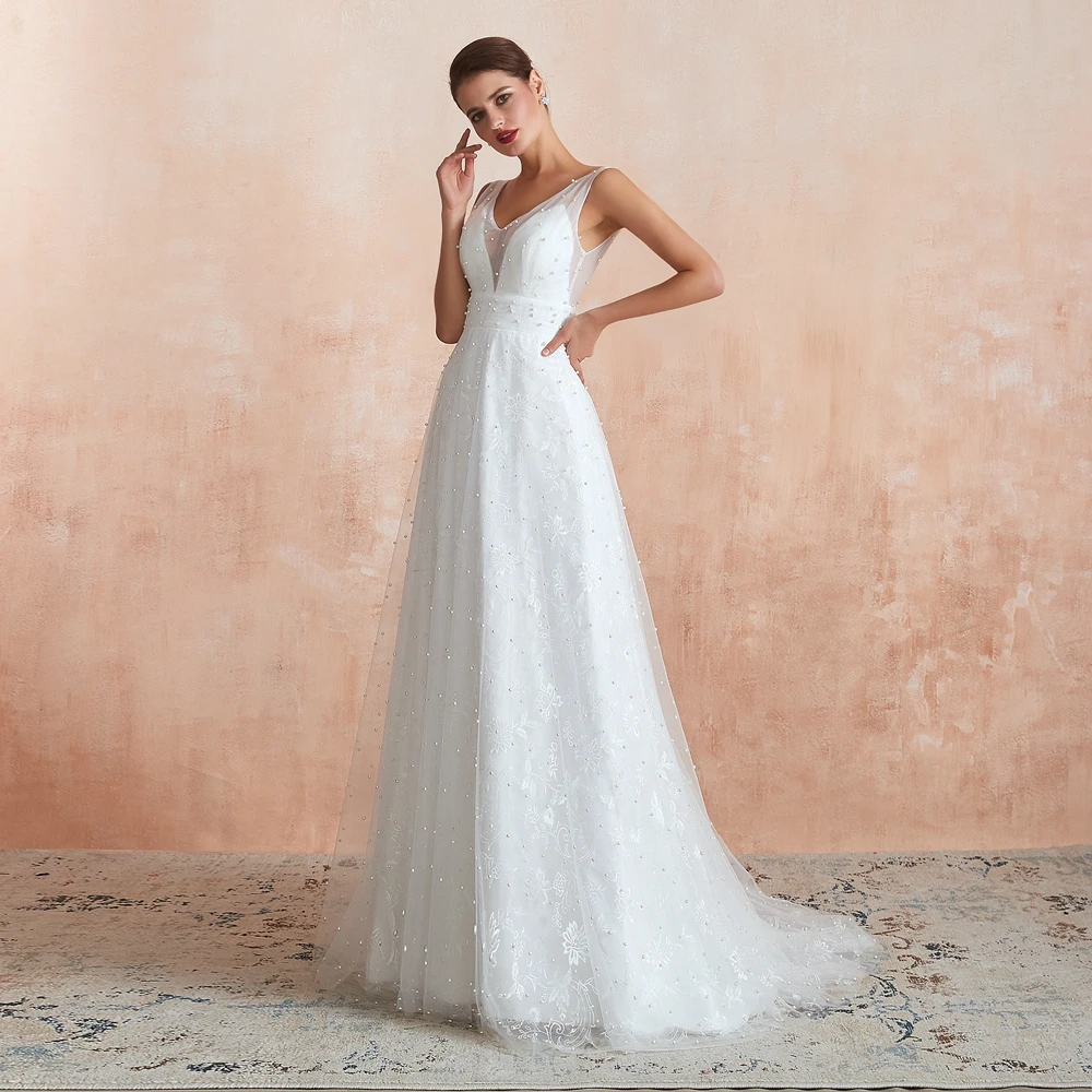 Boho Wedding Dresses Beach A Line Pearl Lace V Neck Lace Simple Bride Gown Sleeveless Walk Beside You abiti sposa
