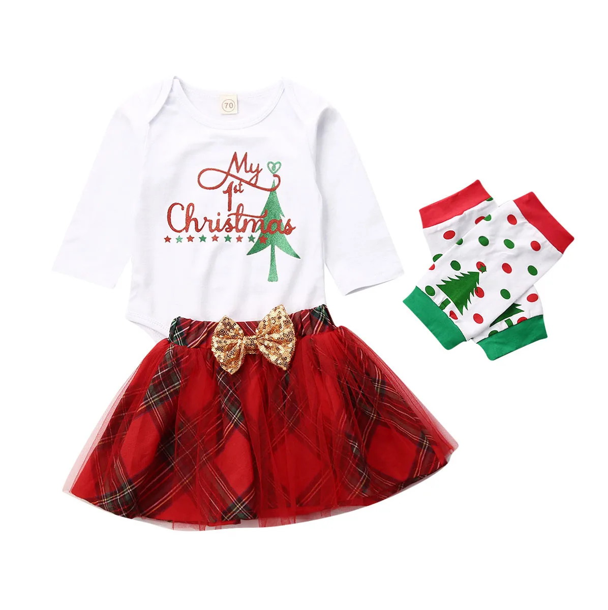 

Emmababy Christmas XMAS Toddler Girl's Outfit Sets White Long Sleeve Letter Print Romper + Plaid Tulle Skirt + Leg Warmers