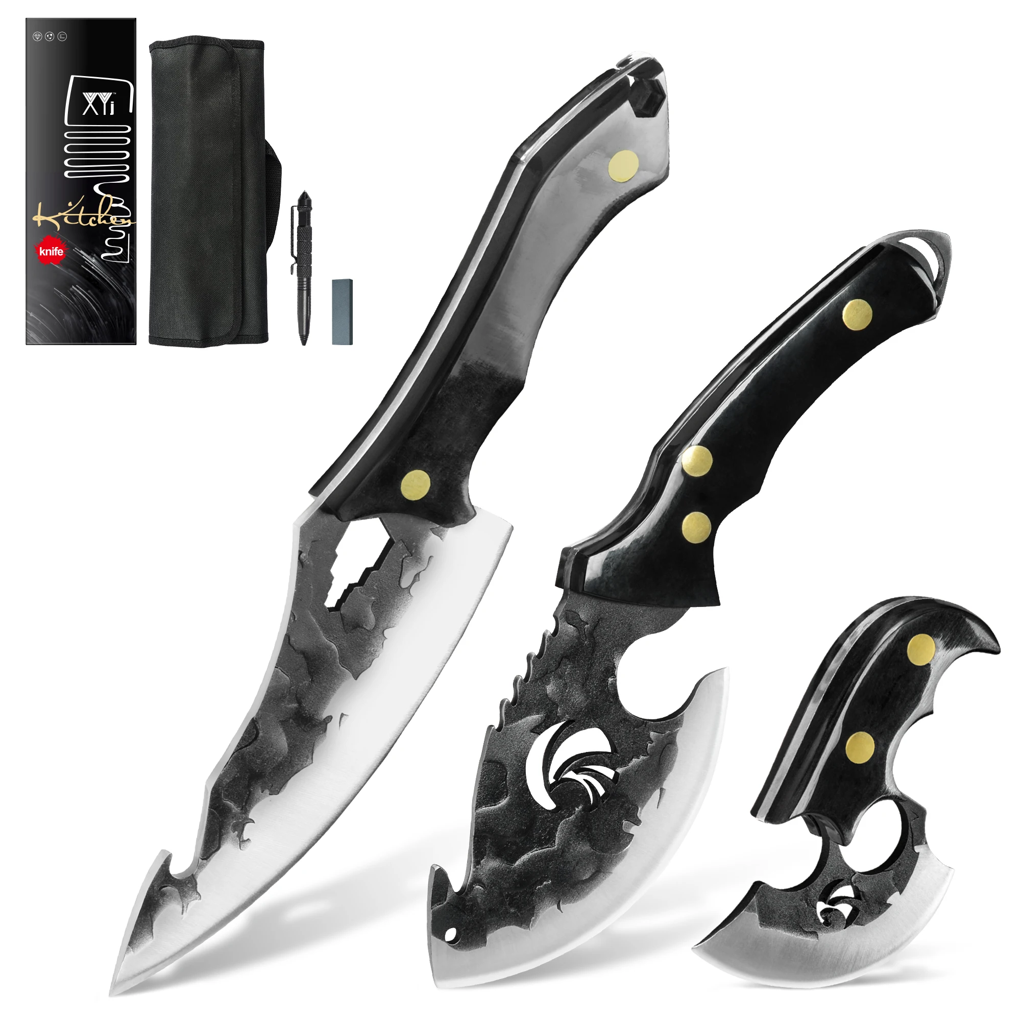 

Xyj 3 Pieces Stainless Steel Knives Set Cleaver Resin Handle Cooking Slicer Outdoor Survival Tools With Knife Bag, Tactical Pen