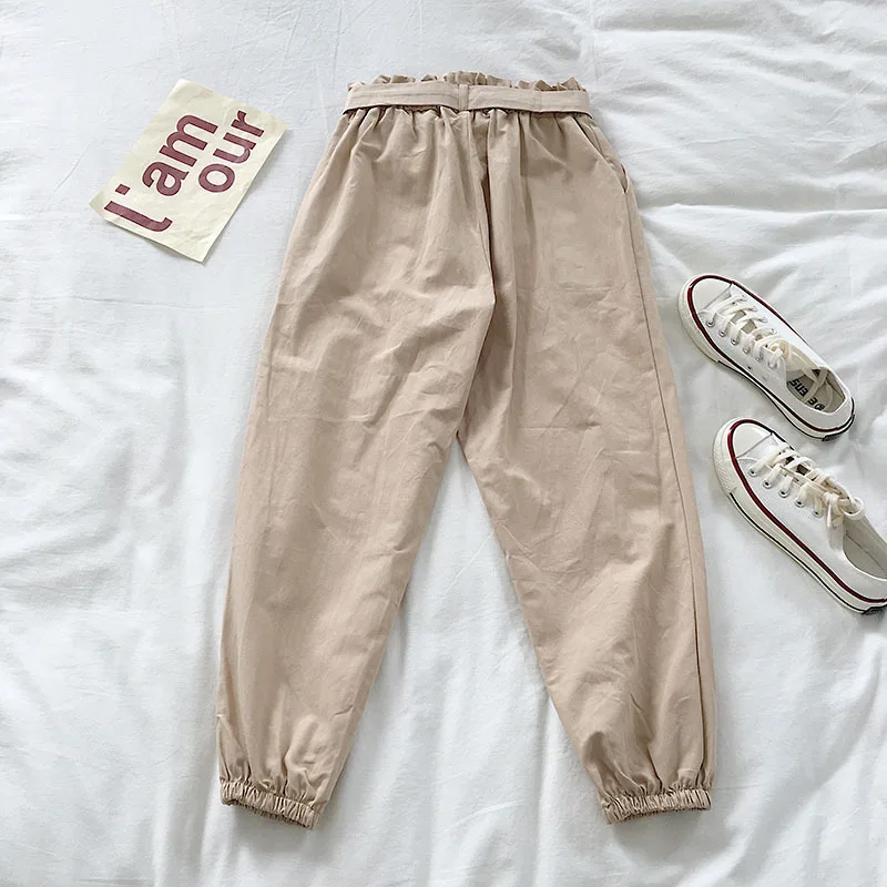 

2020 Fashion Women Ruffles Belt Summer Pants Summer Harem Solid Turnip Trousers Pleated Casual High Waist Loose Pants