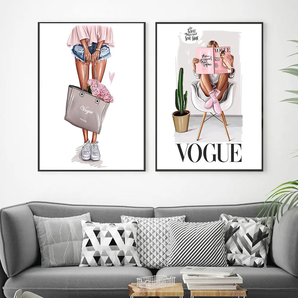 Скандинавские стены Искусство Холст плакат Vogue Печать Мода девушка с сумкой девушка картина украшение картина Декор для гостиной без рамы