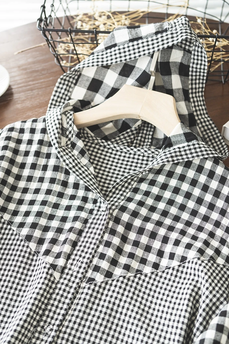

Summer New Loose Casual Plaid Shirt Hooded Long Sleeve Casual Tops Daily Wear
