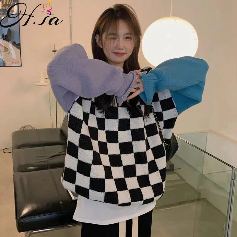 

Hsa 2021 осень и зима корейский стиль цветной клетчатый пуловер с длинным рукавом свободный Круглый вырез вязаный женский свитер с длинным рук...