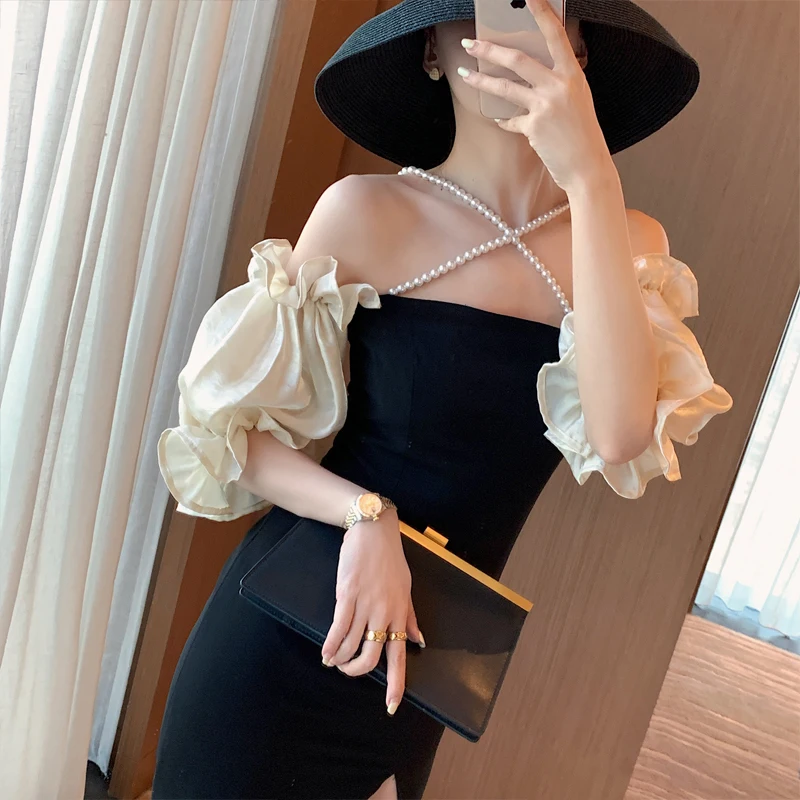

2020 Sexy Skin Women Summer Dress Close-Fitting Tee Dress Mid Sleeve Dresses V-neck cross Sling Long Black Party Dress