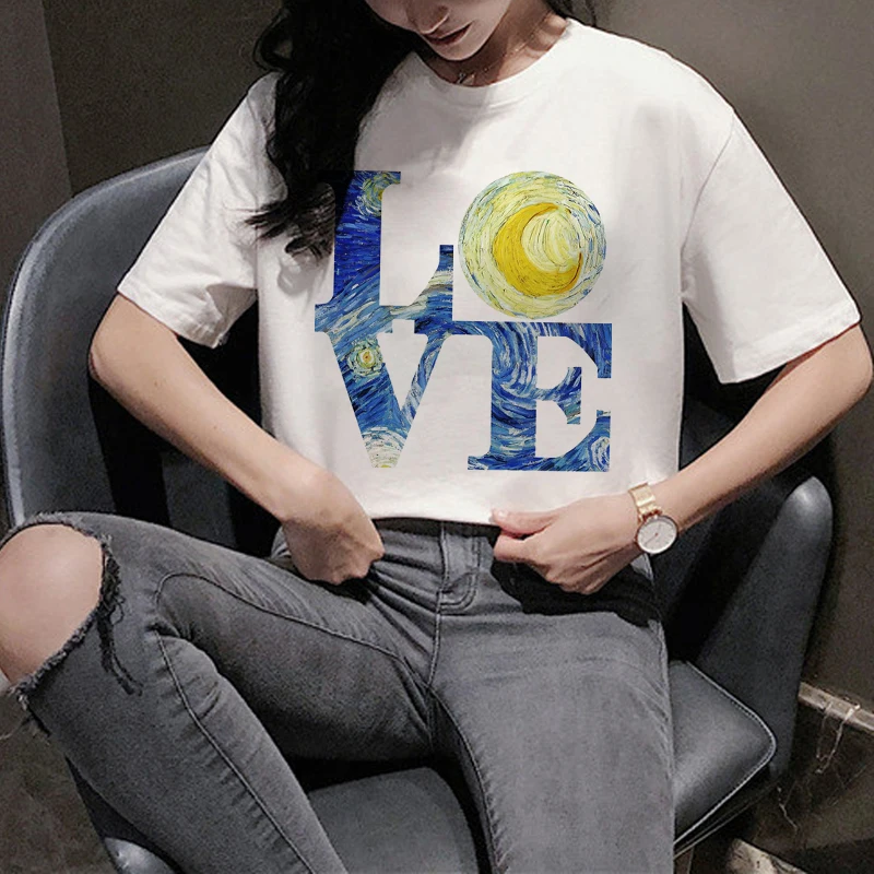 Harajuku Van Gogh Funny Cartoon T Shirt Women Ullzang Aesthetic Print T-shirt 90s Graphic Vintage Tshirt Korean Top Tees Female | Женская