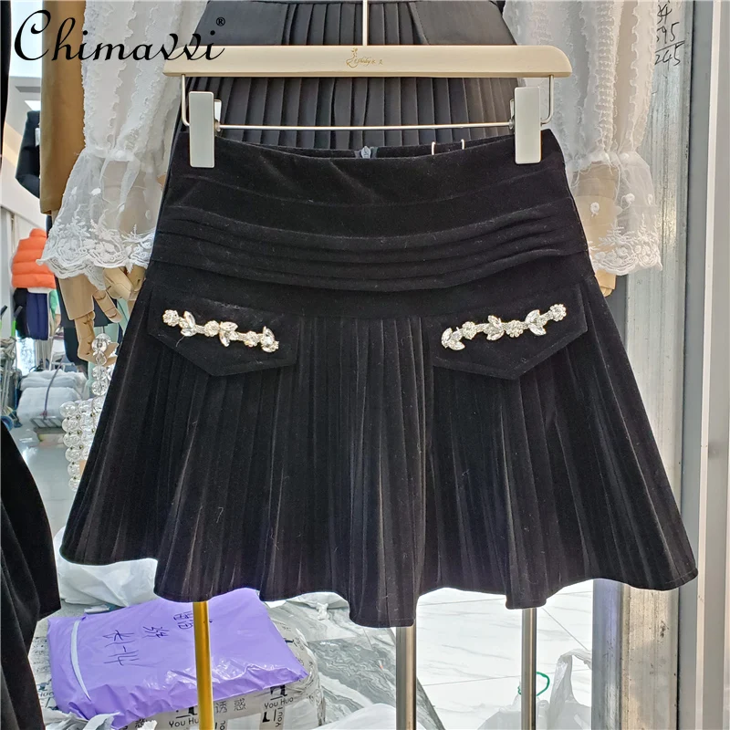 

Diamond Velvet Black Mini Skirt Women's Autumn Winter High Waist Slim Fit Short Skirt Female A Line Pleated Casual Skirt