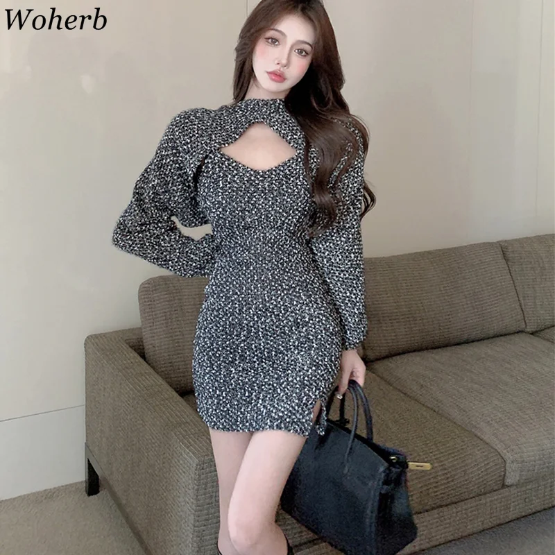 Woherb Sexy Two Pieces Set Women Long Sleeve Crop Cape + Bodycon Sleeveless Mini Dress 2022 Korean Ins Fashion Party Vestido | Женская
