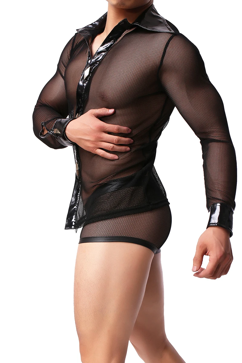 Мужской Прозрачный сетчатый комбинезон черный топ с глубоким треугольным