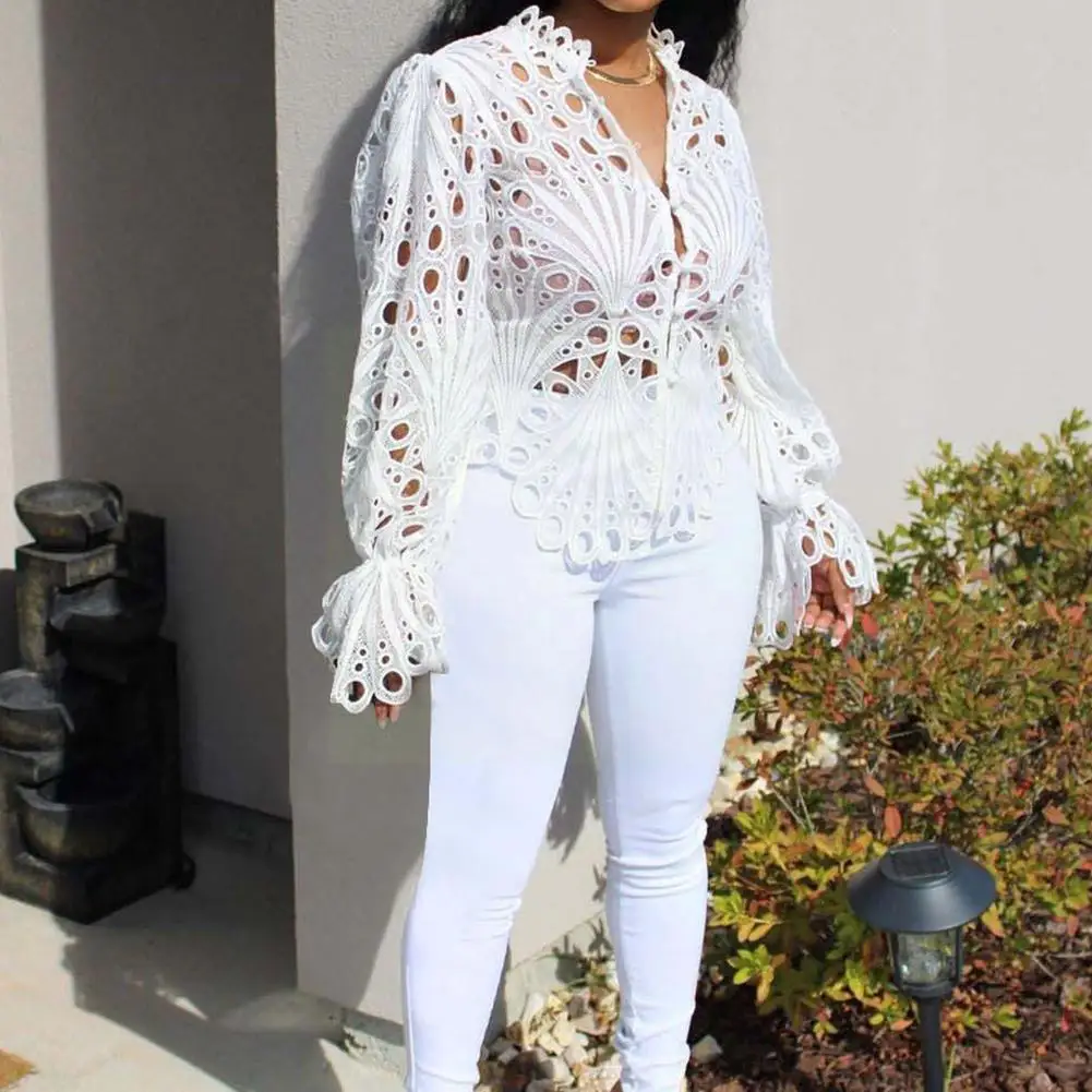 

Женская сетчатая кружевная блузка, элегантная дышащая блузка с длинным рукавом, ажурная рубашка, одежда для женщин, W5C3, новинка 2022