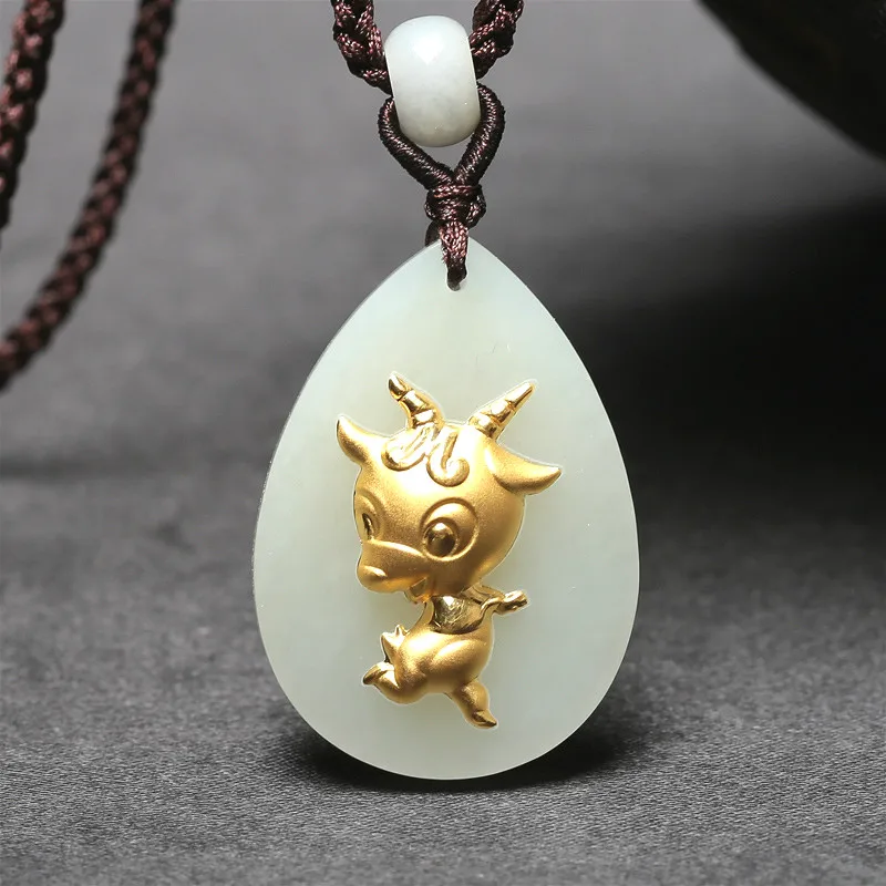 Натуральный китайский белый нефрит кулон Зодиак овца Мозаика золото красивые