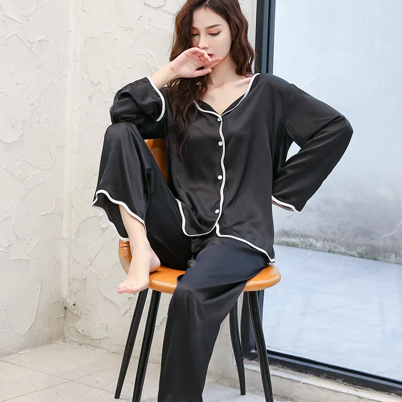 

Женская пижама с длинным рукавом и пуговицами, черная атласная пижама, комплект из 2 предметов, женская пижама