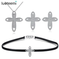 luoteemi fashion female cross pendants earring choker jewelry sets cross cubic zirconia hip hop sexy punk leather choker sets