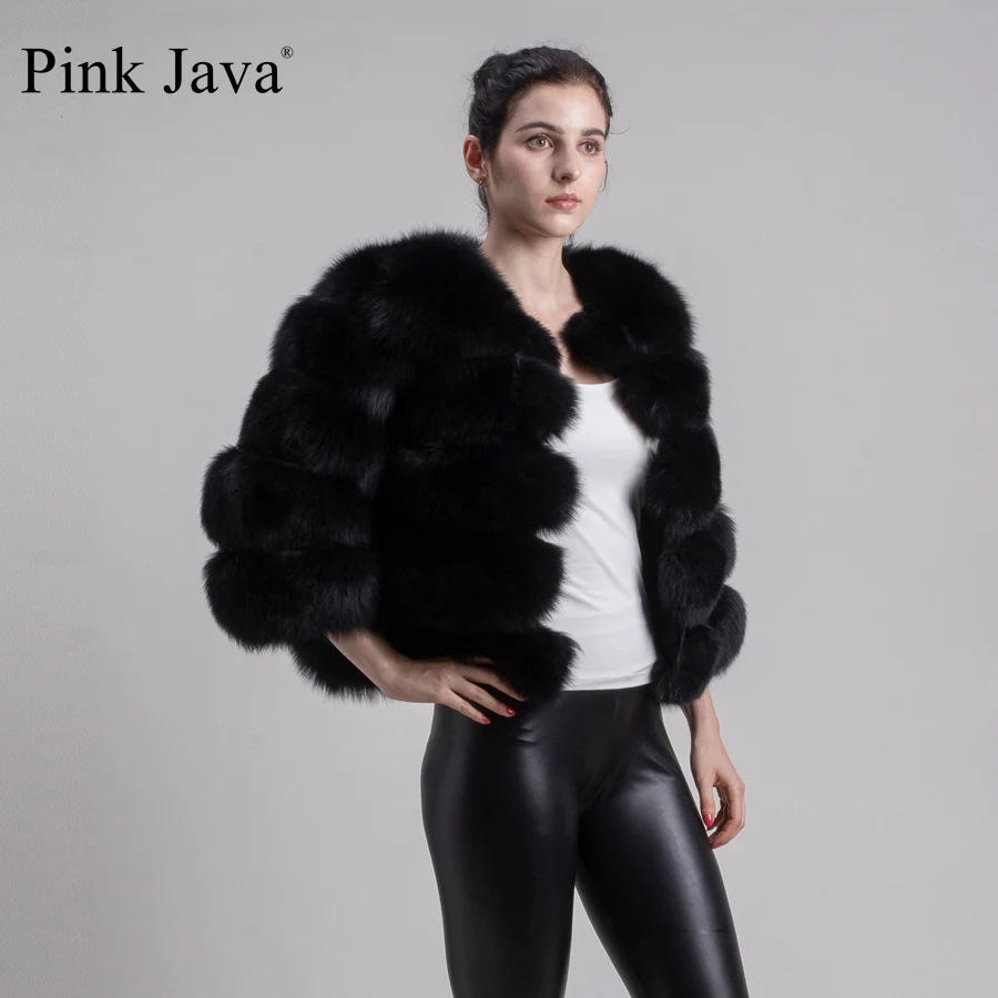 Розовая Java QC1801 шуба из натурального Лисьего меха женская зимняя Толстая Меховая куртка короткая шуба натуральный Лисий короткий рукав