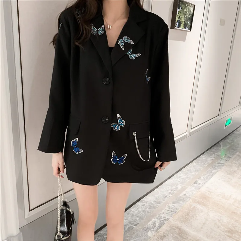 

Womens Embroidery Butterfly Lapel Collar Suit Blazers Slim Fit Coats Outwear Metal Chain Decor New 2021