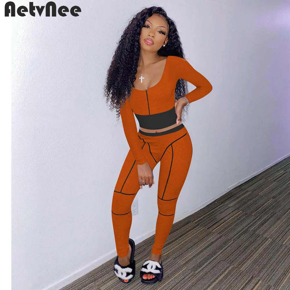 

Новинка, брючные костюмы, женский вязаный костюм, зимняя облегающая футболка, эластичные брюки для бега, комплект из двух предметов, повседн...