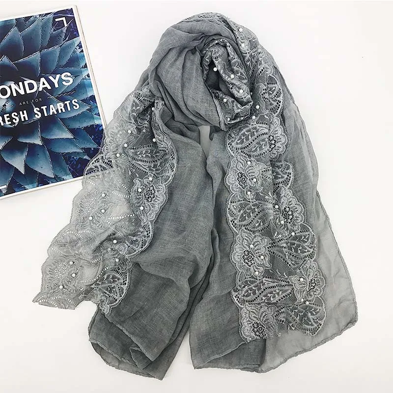 Lace floral hijab scarf plain beads cotton headband scarves wraps shawls hijab spring muslim scarf 180*80cm