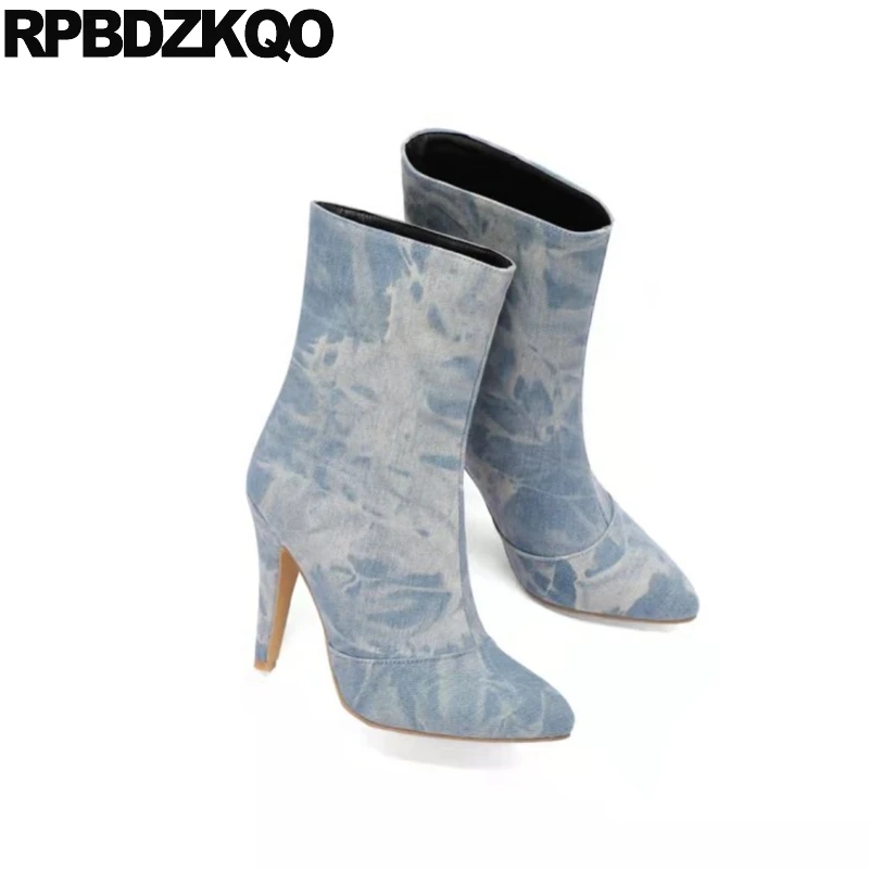 Женские джинсовые ботинки на высоком каблуке светло-голубые Роскошные Брендовые