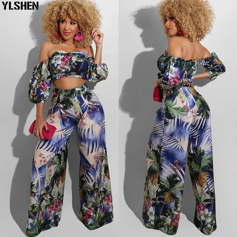 

2 Piece Women Set Dashiki African Long Sleeve Two Piece Set Crop Top Pants Suits Print Casual Outfits Africa Plus Size Clothing