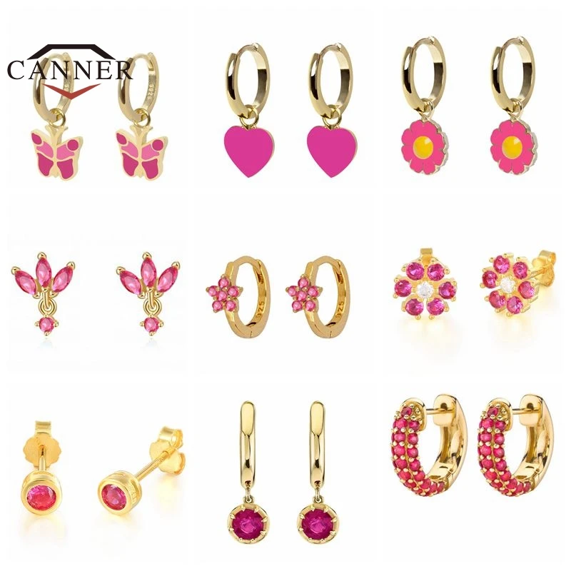 

CANNER Rose Red Zircon Crystal Small Ear Hoops Huggie Earrings for Women Piercing Cartilage Hoop Earring Fashion Jewelry Gifts