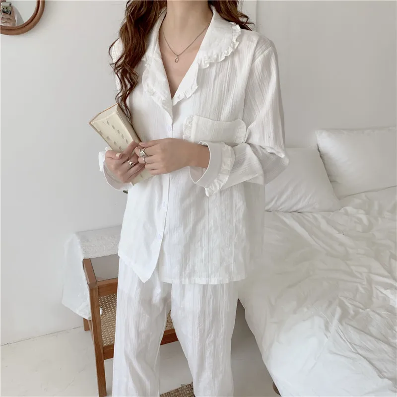 

3 color 100% cotton home clothes women long sleeve ruffles blouse loose pants 2 piece set home suit sleepwear pajamas set
