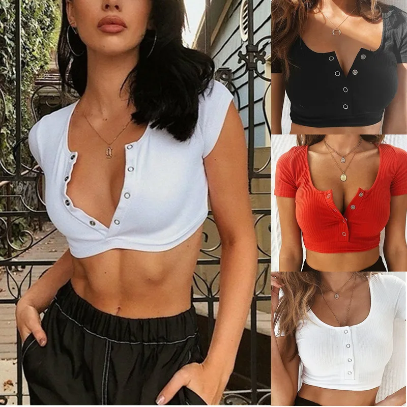 Сексуальный белый топ с глубоким v-образным вырезом узкая облегающая футболка