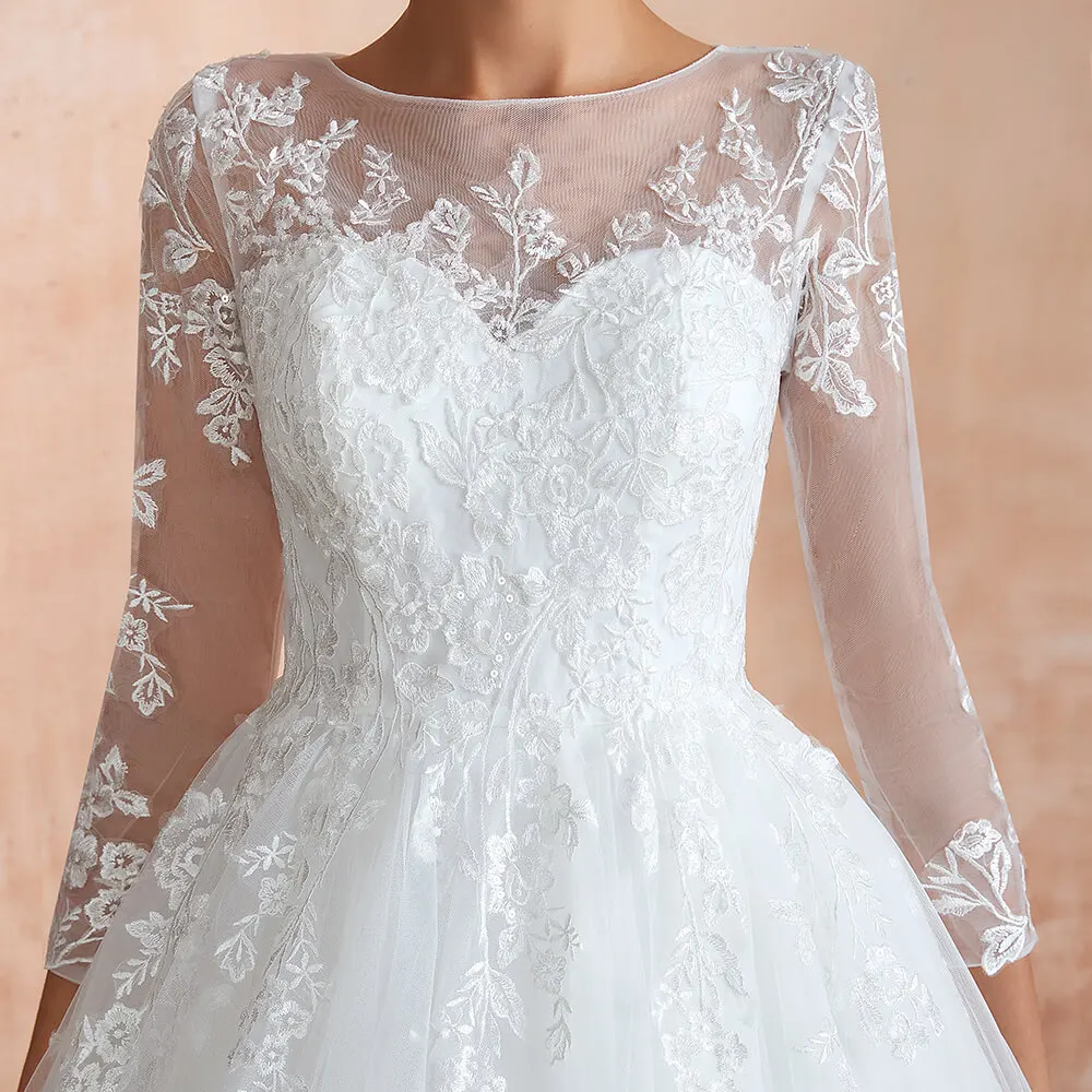 

Elegant Long Sleeve Wedding Dress Charming Illusion Backless Wedding Gowns O-Neck Tulle Bride Dress Vestido De Novia Real Photos