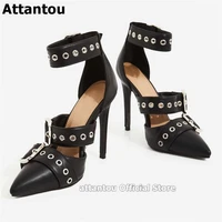black hollow out pointed toe stiletto heeled pumps women punk style gladiator sandals sexy party ladies high heels dress shoes