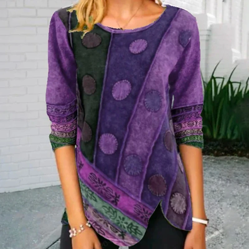 

Women's Clothes 2021 Spring And Autumn New Fashion Vintage Printed Irregular Long Sleeve Casual Loose Plus Size T-shirt