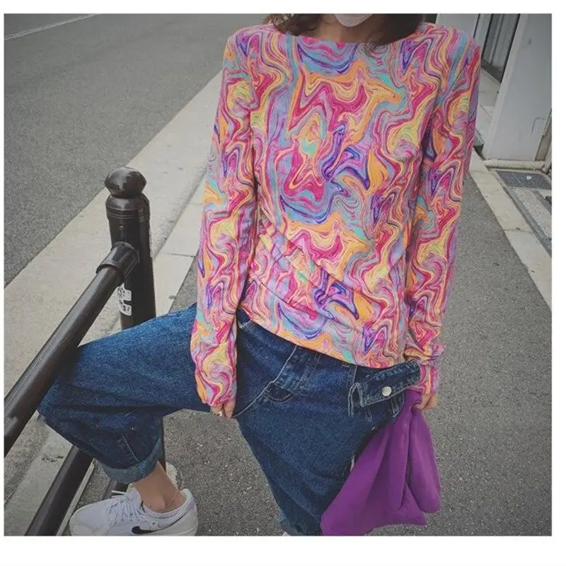 

Early spring new street BF style Abstract printing versatile bottom shirt round neck long sleeve T-shirt net red fashion girl