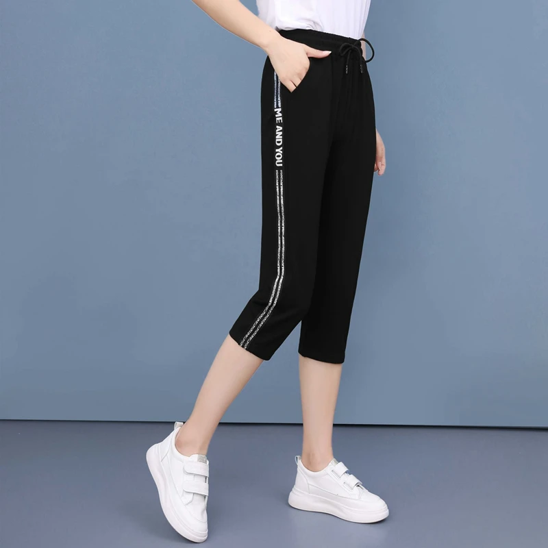 Капри женские спортивные штаны 2020 летние корейский стиль высокая талия размера