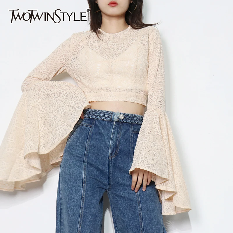 

TWOTWINSTYLE Embroidery Stitching Jacquard Tops For Women Round Neck Bell Long Sleeve Vintage T Shirt Female Fashion New Autumn