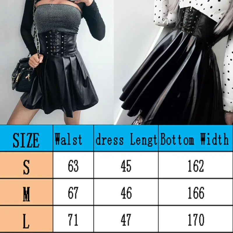 

2020 Sexy Women's Skirts Gothic Bandage PU Leather Fashion Black Mini Pleated Skirts Slim Clubwear