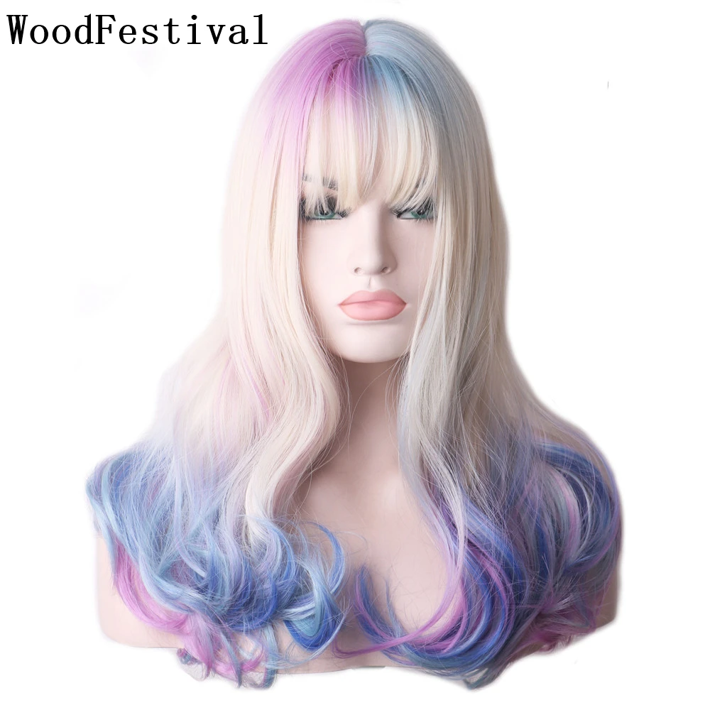 

WoodFestival Colorful Colored Cosplay Korean Wig With Bangs Wigs Synthetic Hair For White Women Long Ombre Curly
