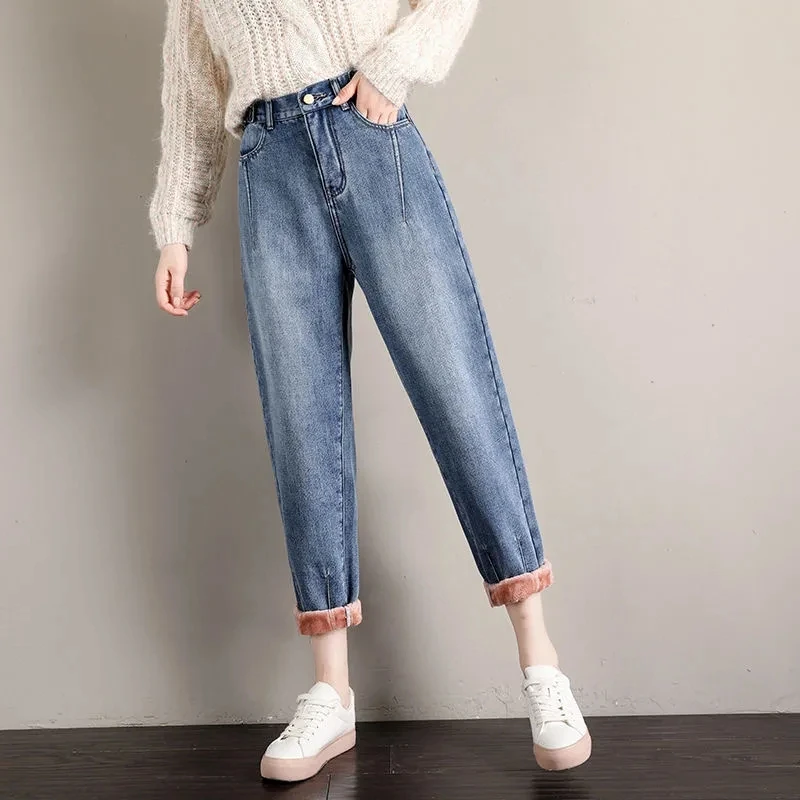 

Повседневные свободные толстые женские зимние джинсы Корейская Мода Большие размеры шаровары с высокой талией y2k длиной до щиколотки хлопк...