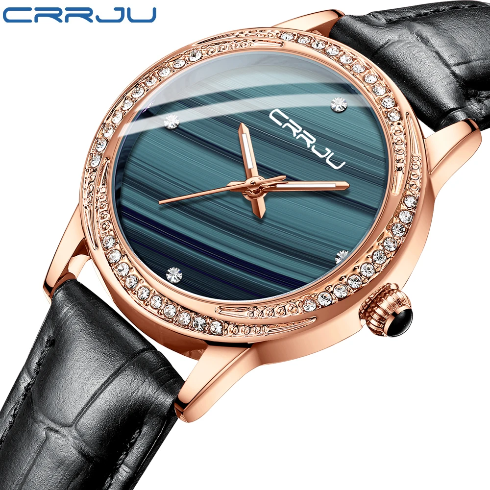 

Lady Watches CRRJU Luxury Elegant damond Japan Movement Quartz Watches for Women Waterproof Leather Strap Watches montre femme