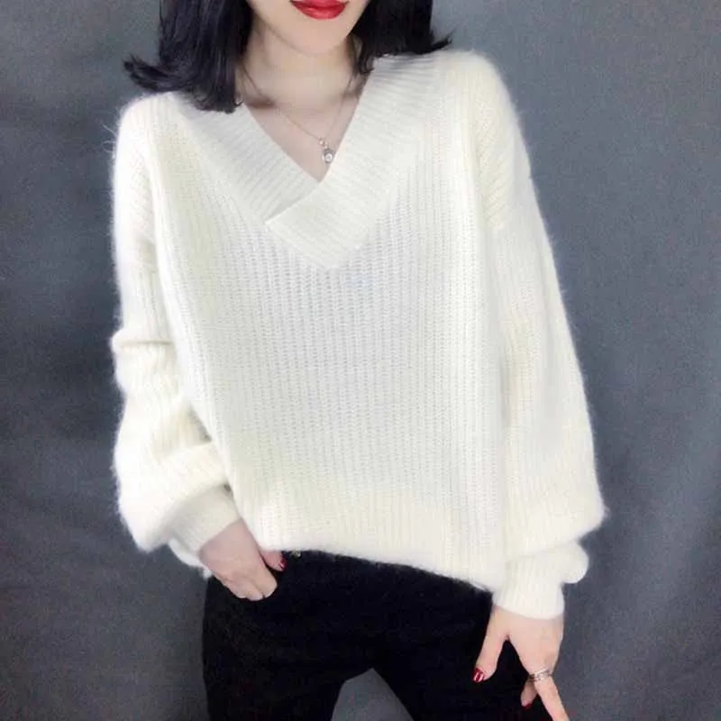 Женский вязаный свитер с открытыми плечами Свободный пуловер V-образным вырезом