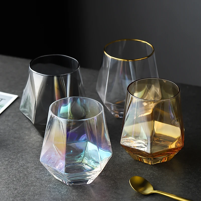 

Transparent Geometry Whiskey Glass, Diamond Crystal Cup, Golden Rim, Coffee, Milk, Tea Mug, Home Bar Drinkware, Couple Gifts