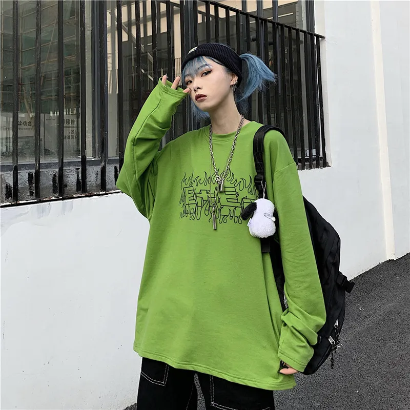Lychee Harajuku, чистый цвет, длинный рукав, женская футболка, пламя, буквенный принт, осень, женская футболка, свободная, зеленая, женская футболка