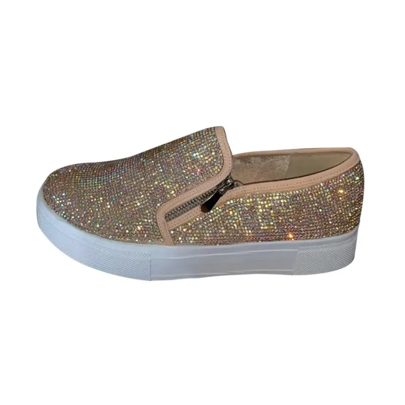 

Puimentiua 2021 Women Bling Flats Sequins Crystal Studded Slip On Loafer Flat Female Thick Bottom Round Toe Rhinestone Shoes