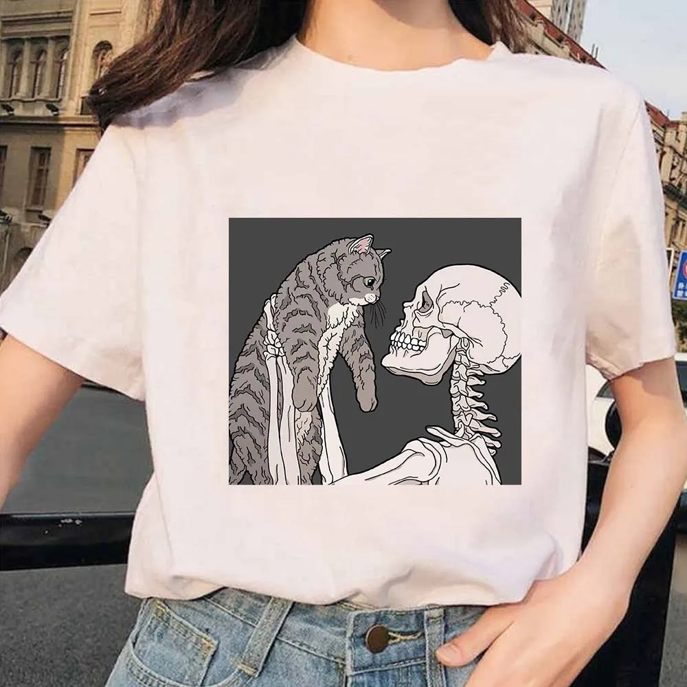 

Summer Black Gentle Skull Short Top Vintage Korean Streetwear Harajuku Casual Cute Fresh Female Clothing O-neck Women's T-shirt