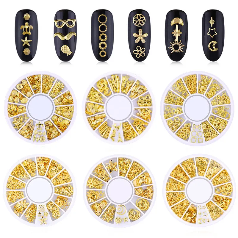 

Nail Art Decoration Metal Mixed Shapes Geometry Hollow Golden 3D Tips DIY Nail Art Tools EF