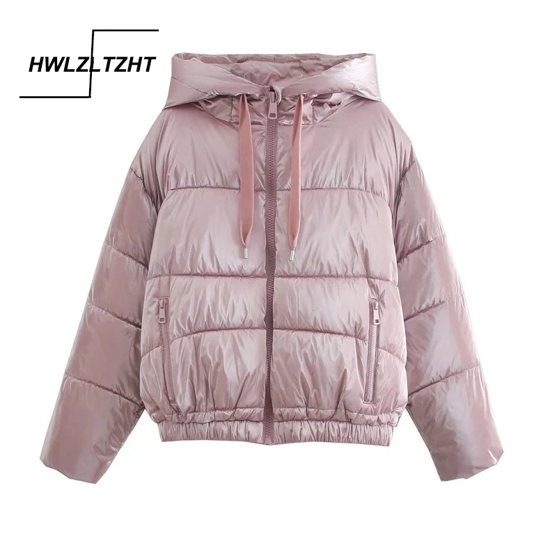

HWLZLTZHT 2021 New Thick Warm Women Hooded Parka Coat Fashion Glossy Zipper Loose Overcoats Casual Short Jacket Outwear Female