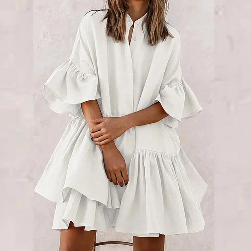 

Women Casual Ruffles Mini Dress Plus Size Sexy Half Sleeve Casual Loose Shirt Dress 2021 Spring Solid Pleated Vestidos