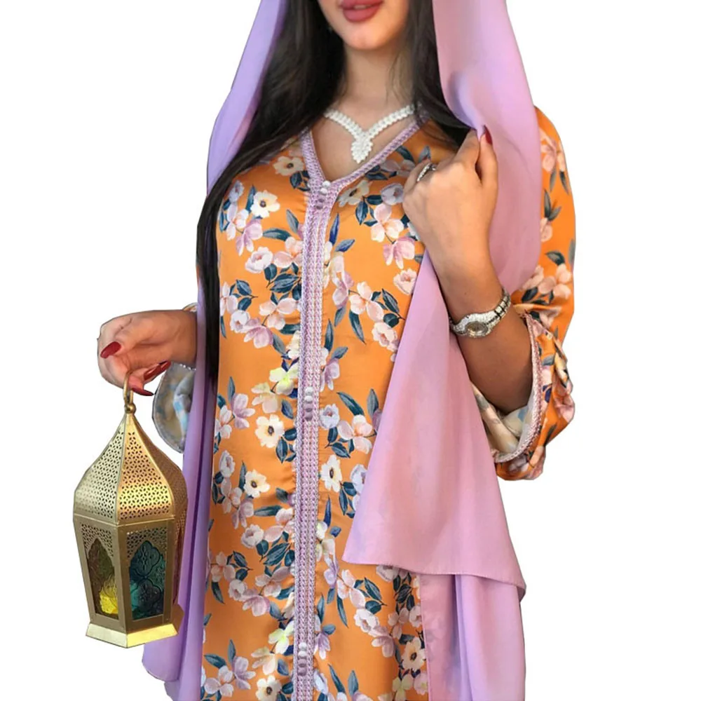 

2021 Summer New Women's Dress Muslim Printing V-neck Long Sleeve Oversize African Casual Fashion Western Style Temperament Robe